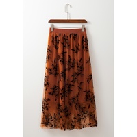 Gold Flame Floral Leaves Embroidered High Waist Maxi Skirt - M thumbnail