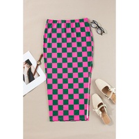 Rose Checkered Print Side Slit High Waist Midi Skirt - L thumbnail