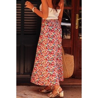 Red Floral Print Wide Waistband Side Slit Maxi Skirt - XL thumbnail