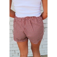 Red Plaid Gingham Printed High Waist Shorts - S thumbnail