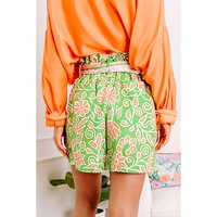 Green Floral Print Pocketed Front Knot High Waist Casual Shorts - XL thumbnail