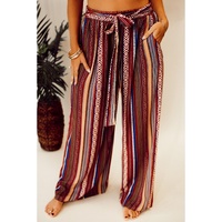 Red Boho Ethnic Striped Print Tie Waist Wide Leg Pants - L thumbnail