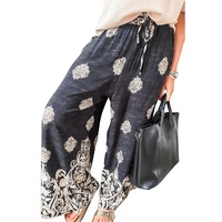 Black Bohemian Printed Drawstring Waist Wide Leg Pants - M thumbnail