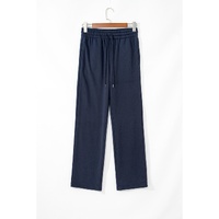 Navy Blue Solid Color Fleece Lined Drawstring Waist Casual Pants - 2XL thumbnail