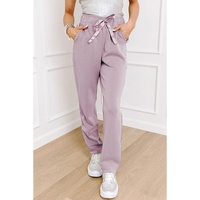 Orchid Petal Drawstring Waist Satin Stripe Patch Straight Leg High Waist Pants - L thumbnail