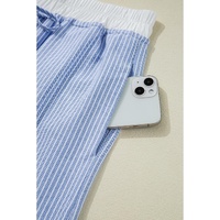 Sky Blue Stripe Wide Leg Buttoned Lace up Elastic High Waist Pants - XL thumbnail