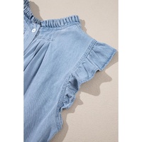 Beau Blue Frilly Pleated Button Back Retro Chambray Top - L thumbnail