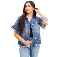 Peacock Blue Raw Edge Ruffled Short Sleeve Denim Jacket - S thumbnail
