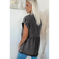 Black Short Sleeve Flap Pocket Button Up Raw Hem Denim Shirt - XL thumbnail