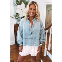Beau Blue Light Wash Exposed Stitching Raw Hem V Neck Denim Top - L thumbnail
