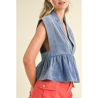 Dusk Blue Lapel Denim Babydoll Top - L thumbnail