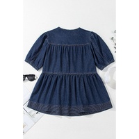 Sail Blue Puff Sleeve Lace-up Neckline Splicing Denim Blouse - S thumbnail