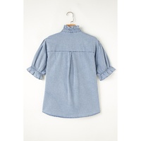 Beau Blue Ruffle Short Puff Sleeve Summer Chambray Shirt - XL thumbnail
