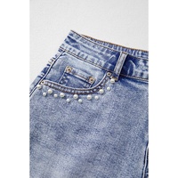 Beau Blue Pearl Studded Pockets Raw Hem Denim Shorts - 6 US thumbnail