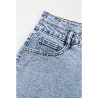 Beau Blue Rhinestone Light Wash Raw Hem High Waist Denim Shorts - 10 US thumbnail