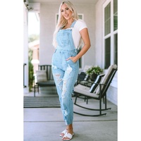 Sky Blue Constructed Bib Pocket Distressed Denim Overalls - S thumbnail