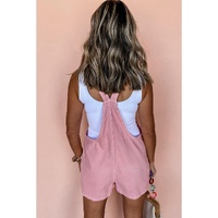 Pink Solid Color Knot Straps Denim Romper with Pockets - M thumbnail