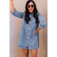 Azura Exchange Sky Blue Buttoned Long Sleeve Denim Mini Dress - M thumbnail