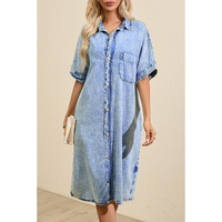 Light Blue Loose Medium Wash Short Sleeve Shirt Chambray Dress - M thumbnail