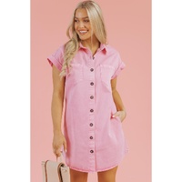Pink Short Sleeve Double Chest Pocket Denim Shirt Dress - M thumbnail