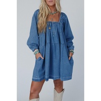 Dusk Blue Square Neck Side Pockets Loose Fit Denim Mini Dress - M thumbnail
