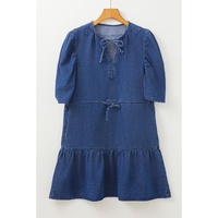 Blue Drawstring High Waist Puff Sleeve Denim Mini Dress - M thumbnail