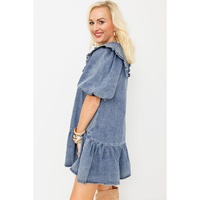 Dusk Blue Ruffled Collared Side Pockets Puff Sleeve Denim Mini Dress - M thumbnail