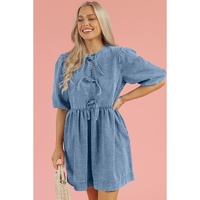 Dusk Blue Bowknot Bubble Sleeve Short Denim Dress - L thumbnail