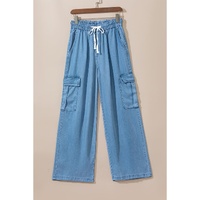 Sky Blue Drawstring High Waist Cargo Pocket Wide Leg Jeans - L thumbnail