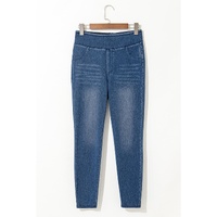 Navy Blue Skinny Elastic Waist Ankle Length Mid Waist Jeggings with Pockets - L thumbnail