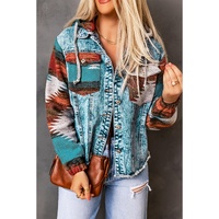Azura Exchange Multicolor Aztec Print Frayed Hem Denim Jacket - 2XL thumbnail