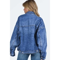 Blue Chest Pockets Drop Shoulder Loose Denim Jacket - XL thumbnail