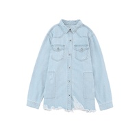 Sky Blue Flap Pocket Buttoned Raw Hem Denim Jacket - L thumbnail
