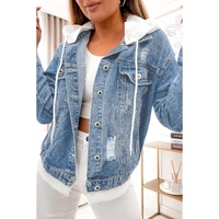 Sky Blue Distressed Contrast Hooded Denim Jacket with Pockets - S thumbnail