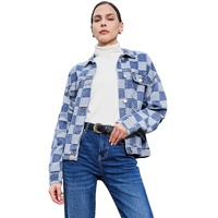 Light Blue Checkered Patchwork Button up Denim Jacket - S thumbnail