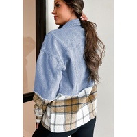 Khaki Plaid Patchwork Buttoned Oversized Denim Jacket - M thumbnail