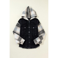 Black Plaid Sleeve Frayed Hem Hooded Denim Jacket - S thumbnail