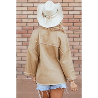 Khaki Pearl Beaded Raw Hem Button Up Denim Jacket - S thumbnail