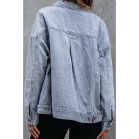 Sky Blue Stripe Washed Oversize Pocketed Denim Jacket - L thumbnail