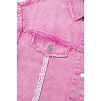 Pink Lace Patchwork Distressed Buttoned Denim Jacket - L thumbnail