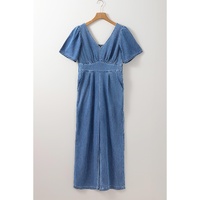 Ashleigh Blue V Neck Short Sleeve Smocked Back Denim Loose Jumpsuit - XL thumbnail