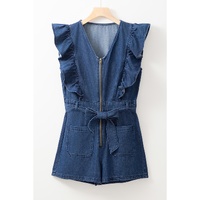 Sail Blue Denim Ruffled Zipped Front Belted Romper - S thumbnail