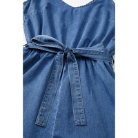 Ashleigh Blue Spaghetti Straps V Neck Belted Ruffled Leg Chambray Romper - S thumbnail