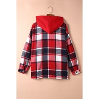 Azura Exchange Red Hooded Plaid Button Front Shacket - M thumbnail
