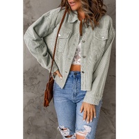 Sky Blue Raw Hem Flap Pockets Cropped Corduroy Jacket - M thumbnail