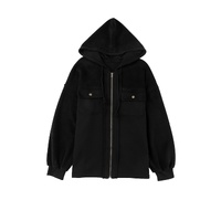 Black Flap Pocket Drawstring Hood Zip Up Jacket - S thumbnail