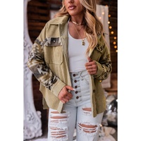 Khaki Aztec Print Patchwork Frayed Edge Corduroy Jacket - S thumbnail
