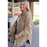 Khaki Vintage Distressed Mineral Wash Oversized Shacket - S thumbnail