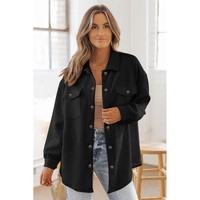 Black Solid Textured Flap Pocket Buttoned Shacket - L thumbnail