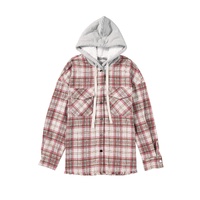 Multicolour Plaid Flap Pocket Hooded Raw Hem Jacket - L thumbnail